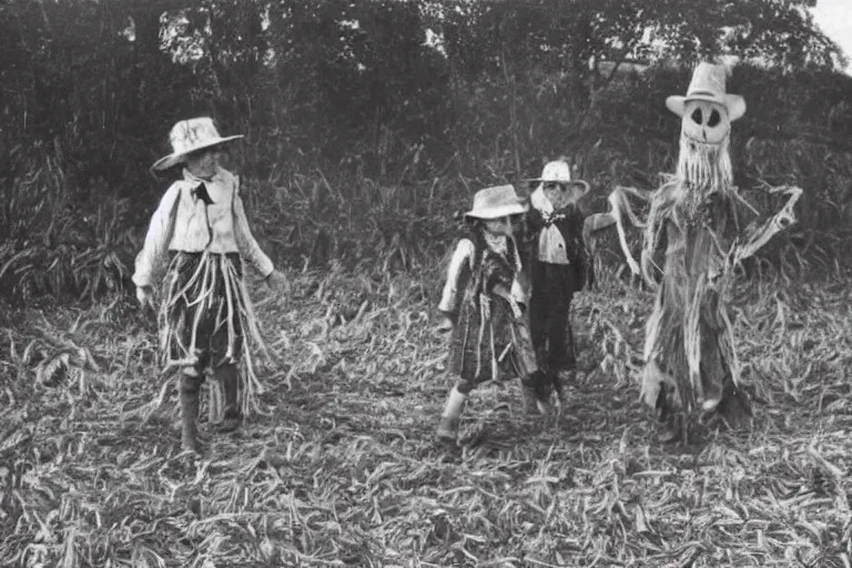 Prompt: sketchy scarecrow from the early 1 9 0 0's leading children into the cornfields