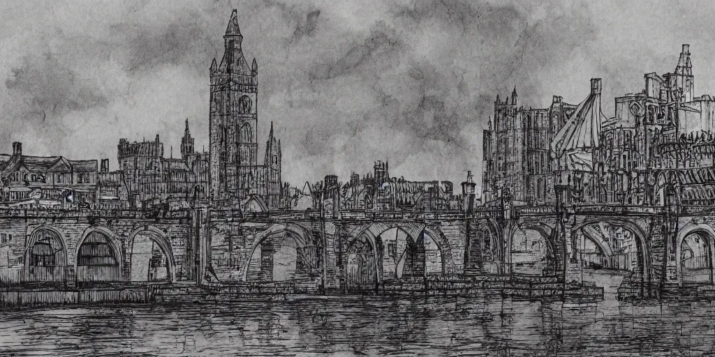 Image similar to pen and ink illustration, ancient London, city buildings on top of tall bridge structure, over the ocean, tall arches, fading off to the horizon, steam punk, artstation