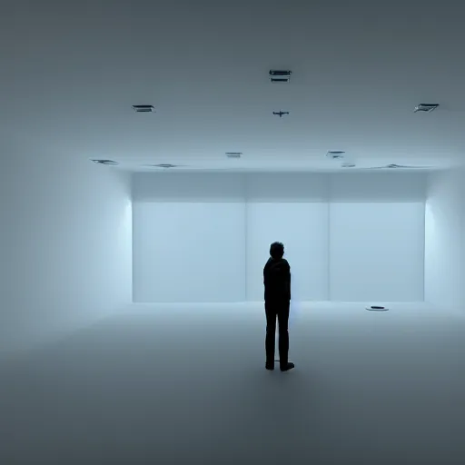 Image similar to a person standing in a dark room with their arms in the air, an ambient occlusion render by senior environment artist, deviantart, light and space, volumetric lighting, matte drawing, ambient occlusion