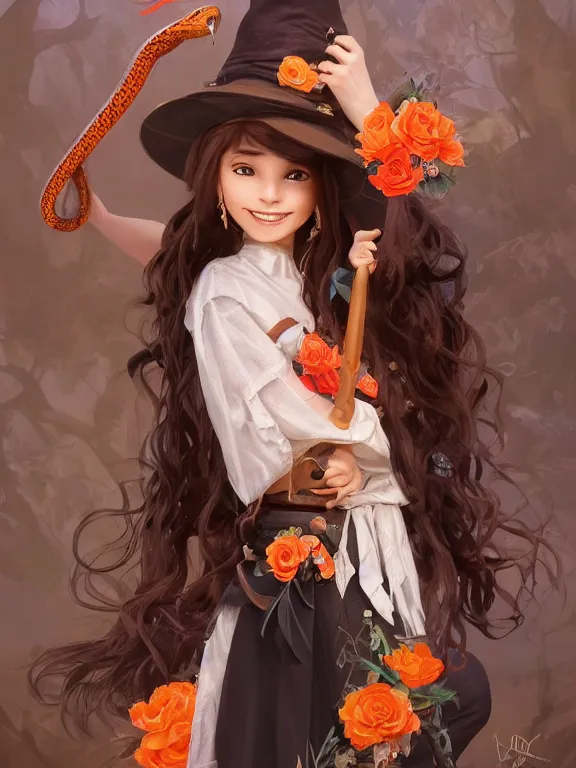 Image similar to Full shot of a cute mischievous young witch about to get up to some trouble with her playful snake familiar. Latin American fashion. Floral patterns. Black and Orange palette. Magic. Latina girl. brown skin. defined facial features, symmetrical facial features. Smiling. By Ruan Jia and Artgerm and Range Murata and WLOP and Ross Tran and William-Adolphe Bouguereau. Key Art. Fantasy Illustration. award winning, Artstation, intricate details, realistic, Hyperdetailed, 8k resolution.