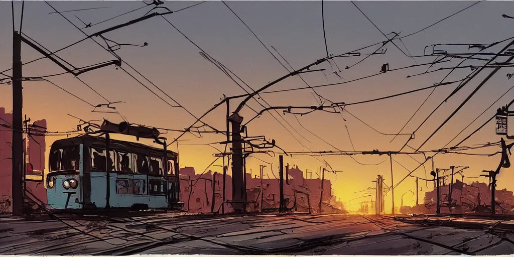 Image similar to post apocalyptic wasteland overhead wires telephone poles sunset clouds sky streetcar tram subway tunnel illustration by syd mead