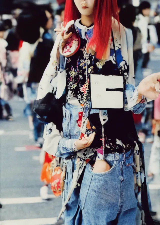 Image similar to a street fashion photograph of a cute japanese woman in 9 0 s fashion, in tokyo akihabara, shot on cinestill 5 0 d with a 3 5 mm at f / 2. 8 lens, highly detailed, fashion magazine print quality, photorealism, nineties nostalgia, 8 k