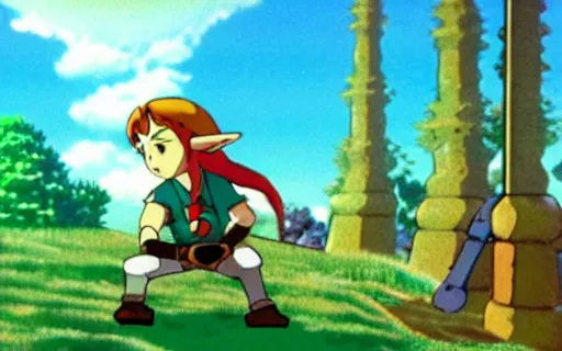 Image similar to full - color cinematic movie still from a 1 9 8 0 s studio ghibli anime featuring link with a fairy in the hyrule overworld fighting against an octorok and a moblin. legend of zelda anime.