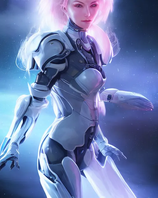 Image similar to perfect android girl on a mothership, warframe armor, beautiful face, scifi, futuristic, galaxy, nebula, raytracing, dreamy, long white hair, blue cyborg eyes, sharp focus, cinematic lighting, highly detailed, artstation, divine, by gauthier leblanc, kazuya takahashi, huifeng huang