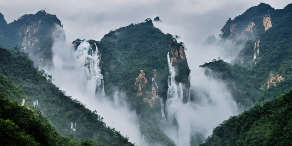 Image similar to Cloudy peaks in southern China with waterfalls, the style of National Geographic magazine