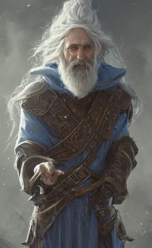 Prompt: portrait of a middle - aged elf with a long beard, dressed in a blue cloak, brown - grey hair, raised hand, clock iconography, detailed face, fantasy, highly detailed, cinematic lighting, digital art painting by greg rutkowski