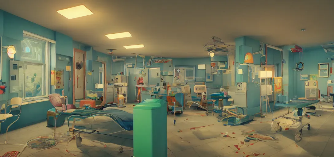 Image similar to retro hospital, colorful, 8 k photorealistic, hd, high details, trending on artstation