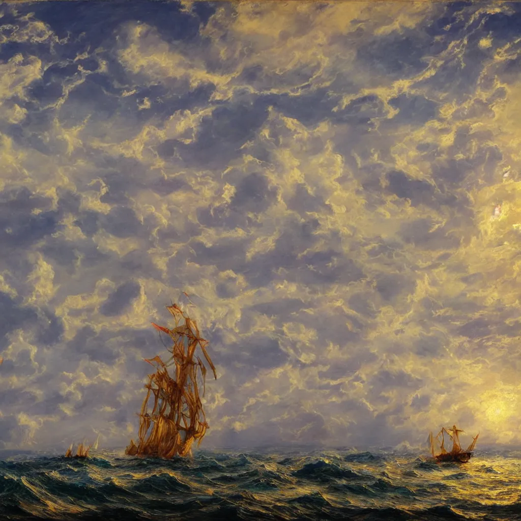 Image similar to 3d high relief painting of sea like jelly,Rainbow clouds like sheeps floating lightly in the air, Sailing ship,dreamy, soft , highly detailed, expressive impressionist style, in the style of Frederic Edwin Church