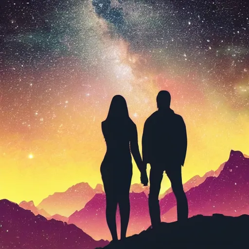 Image similar to a beautiful landscape showing mountains, stars and galaxies in the background. The silhouet of a young couple sits in the foreground