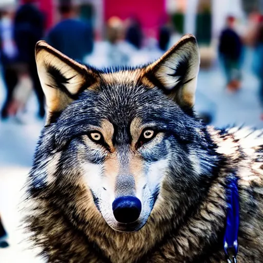 Image similar to portrait of a wolf fursuiter at a furry convention, outdoors in the city, realisitc photo