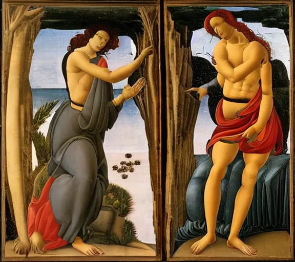 Prompt: two men who a secretly attracted to each other seperated by a deity on one side is light on the other is darkness in the style of botticelli
