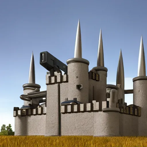 Image similar to photo a modern metal castle with rocket launchers on the roof