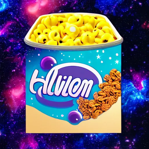 Image similar to a alien cereal box, alternate dimension, product photo, galaxy background