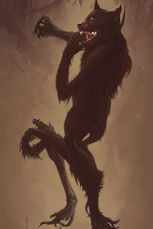 Image similar to a male werewolf devouring a severed human arm, blood, long claws, dark forest at night, by greg rutkowski and alphonse mucha, gradient brown to silver, highly detailed, digital painting, artstation, concept art, smooth, sharp focus illustration