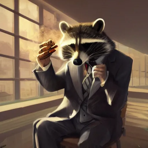 Image similar to a racoon wearing a suit smoking a cigar, dramatic lighting, cinematic, establishing shot, extremly high detail, photorealistic, cinematic lighting, artstation, style by James Gurney