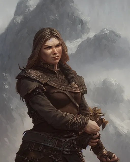 Image similar to the elder scrolls vi, charismatic rugged female nord warrior portrait, illustration, rim light, top light, perfectly shaded, soft painting, art by ross tran, krenz cushart and wenjun lin