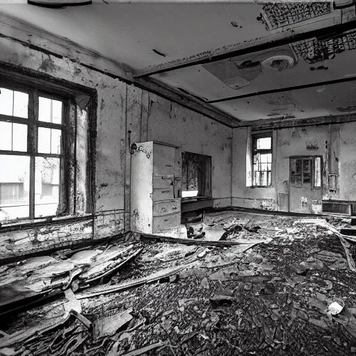 Prompt: 32mm photo of the interior a long abandoned lab, overgrown and equipment can be seen rusted with time, the memories of scientists can still be seen trying to find a cure shot on 35mm film