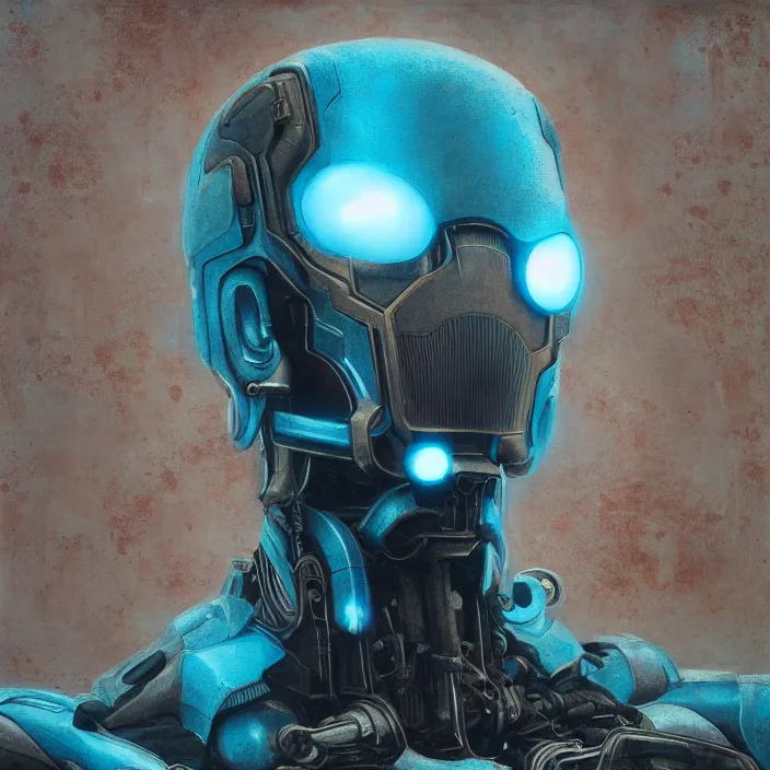 Prompt: portrait of a cyan Ultron from Age of Ultron, clockwork steampunk, head and chest only, techno texture background, by Beksinski, 4k, deviantart, trending on artstation