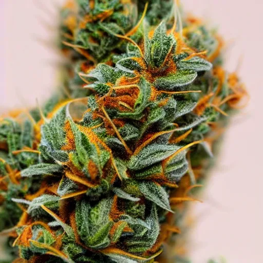 Image similar to marijuana flower with buds covered in trichomes, close - up highly - detailed