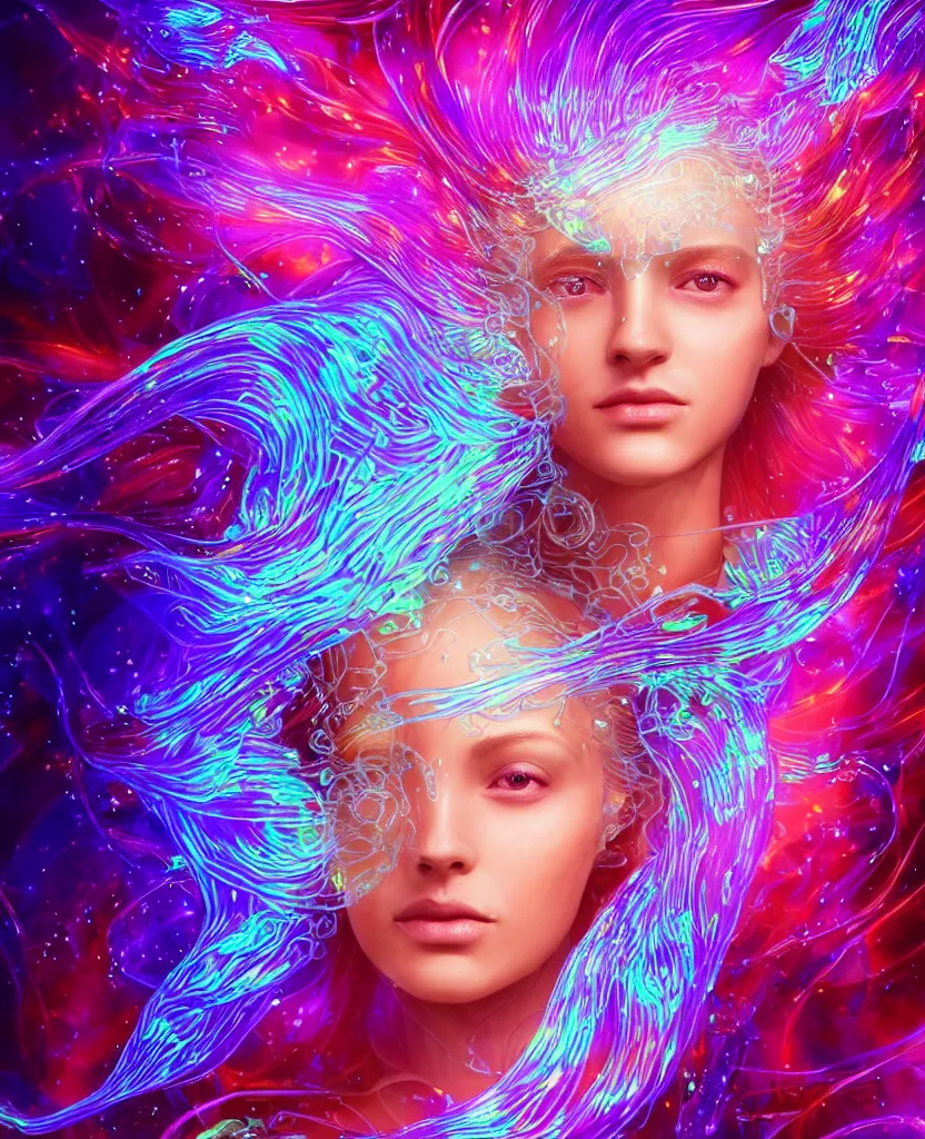 Image similar to dichroic close-up macro portrait of the face of a beautiful princess, epic angle and pose, symmetrical artwork, 3d with depth of field, blurred background, cybernetic jellyfish female face skull phoenix bird, translucent, nautilus, energy flows of water and fire. a highly detailed epic cinematic concept art CG render. made in Maya, Blender and Photoshop, octane render, excellent composition, cinematic dystopian brutalist atmosphere, dynamic dramatic cinematic lighting, aesthetic, very inspirational, arthouse. y Greg Rutkowski, Ilya Kuvshinov, WLOP, Stanley Artgerm Lau, Ruan Jia and Fenghua Zhong