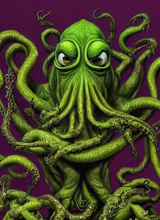 Image similar to portrait of a Cthulhu kermit the frog in Society (1989), intricate, highly detailed, centered, gradient background, digital painting, artstation, concept art, smooth, sharp focus, illustration, artgerm, donato giancola, Joseph Christian Leyendecker, WLOP, Artgerm