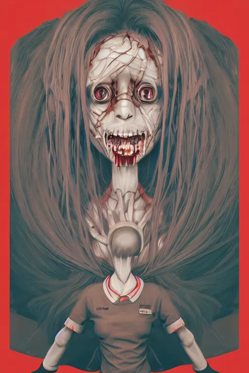 Prompt: cartoon portrait of a creepy horror nurse girl . intricate abstract. intricate artwork. nightmare fuel. terrifying. by Tooth Wu, wlop, dan mumford , trending on artstation, greg rutkowski very coherent symmetrical artwork. cinematic, hyper realism, high detail, octane render, 8k