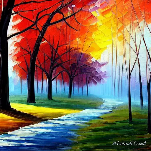 Prompt: tree-lined path at sunset, by Afremov Leonid