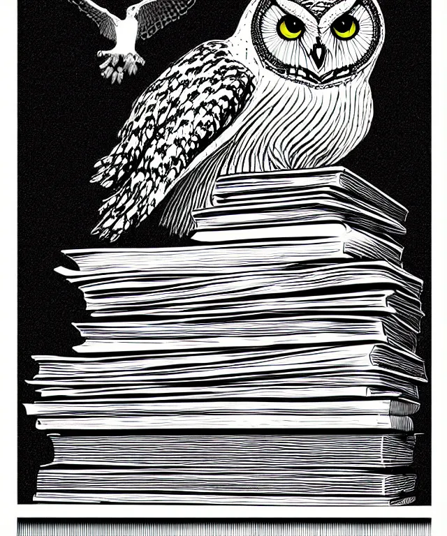 Image similar to owl perched on top of a stack of books, art by james o barr, black ink, black and white, vector, vector art