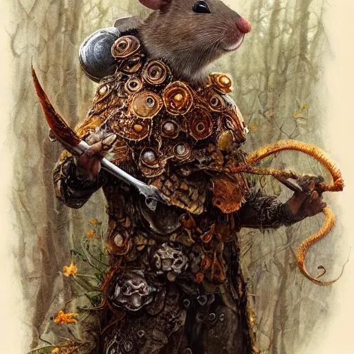 Prompt: detailed realistic body portrait of a mouse druid in full plate ceremonial armor, covered in fungus and mushrooms, decayed plant matter, leaves, by Gerald Brom and Alan Lee, ArtStation