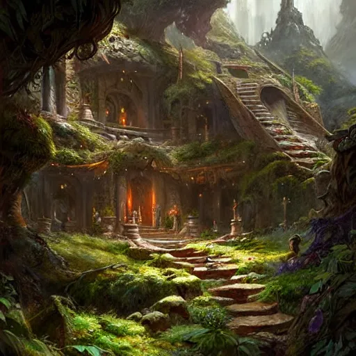 Prompt: worm's eye view of a elven headquarters carved inside a mountain above a arranged garden, neat and tidy, magical, natural light, fantasy, sharp focus, concept art, by greg rutkowski and craig mullins, cozy atmospheric