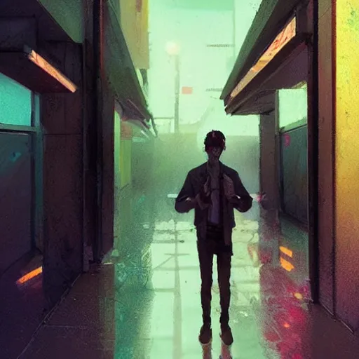 Image similar to concept art by greg rutkowski, a very tall and slender young man walking through the interior of a brutalist looking neighborhood full of holograms and shops while he smokes a cigarette, ambient lighting in neon tones, scifi, highly detailed portrait, digital painting, artstation, concept art, smooth, sharp foccus ilustration, artstation hq