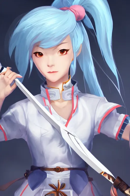 Image similar to a south korean female from paladins, white ponytail hair, she is holding a kunai, cloud tattoos on her arms, wearing light blue short jacket, highly detailed digital art, character design, masterpiece