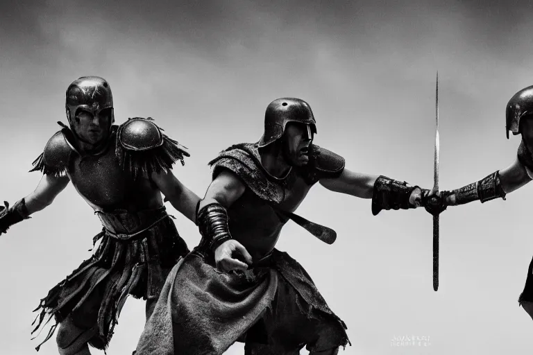 Image similar to cinematic monochromatic shot of an epic gladiator fight