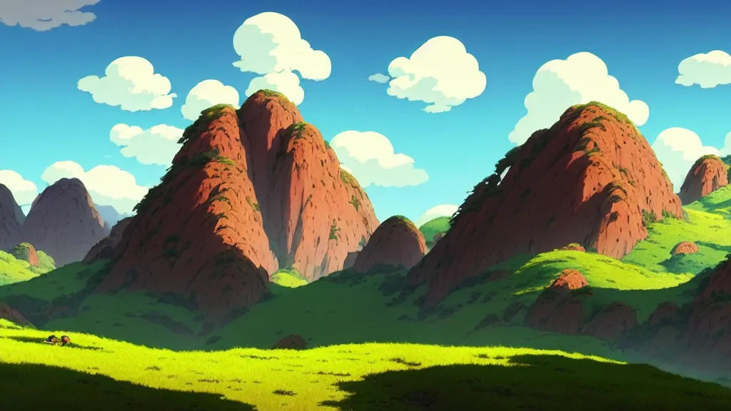 Image similar to hills and mountains landscape, studio ghibli, pixar and disney animation, sharp, rendered in unreal engine 5, highly detailed, digital painting, artstation, concept art, smooth, sharp focus, illustration, wide angle, artbook, wallpaper, splash art, promo art, dramatic lighting, art by artgerm and greg rutkowski and bo chen and jin xiaodi