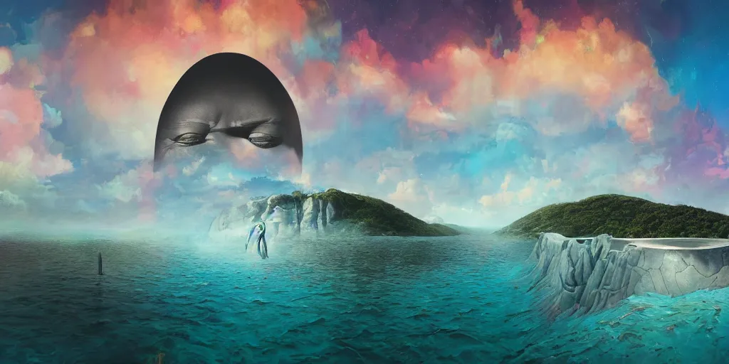 Image similar to artgem and Beeple masterpiece, hyperrealistic surrealism, wide angle vaporwave landscape in California, award winning masterpiece with incredible details, epic stunning, infinity pool, a surreal liminal space, highly detailed, trending on ArtStation, calming, meditative, surreal, sharp details, dreamscape, giant head statue ruins, astronaut, crystal clear water