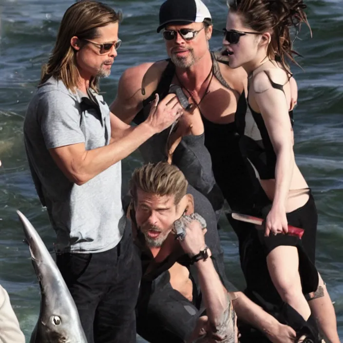 Prompt: brad pitt and kristen stewart fighting a giant shark that has just eaten the internet