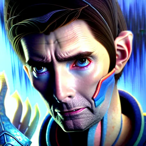 Image similar to portrait painting of a cyberpunk elven david tennant with thin pointy ears, ultra realistic, concept art, intricate details, eerie, highly detailed, photorealistic, octane render, 8 k, unreal engine. art by artgerm and greg rutkowski and charlie bowater and magali villeneuve and alphonse mucha