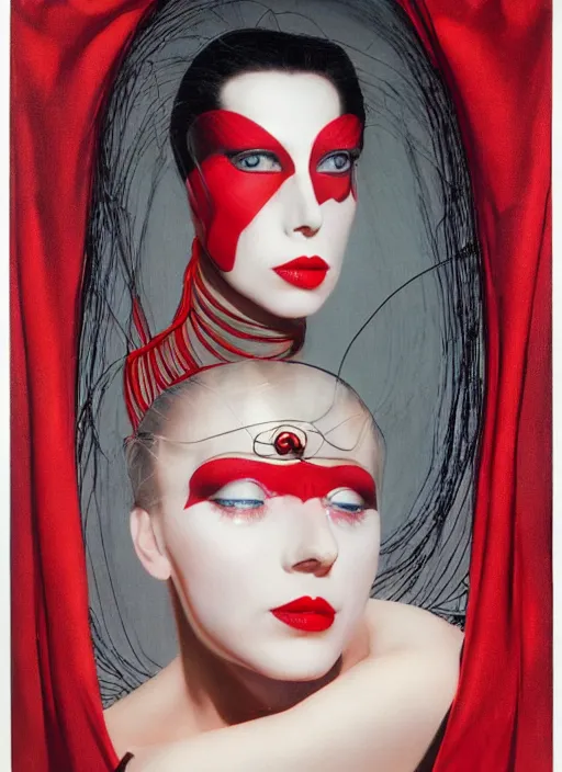 Image similar to an 8 0 s portrait of a woman with dark eye - shadow and red lips with dark slicked back hair, a mask made of wire and beads, dreaming acid - fueled hallucinations by serge lutens, rolf armstrong, delphin enjolras, peter elson, red cloth background