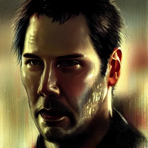 Image similar to closeup portrait of keanu reeves in blade runner, city background, dramatic light, gorgeous view, depth, high detail, digital art, painted by greg rutkowski and seb mckinnon, by tim burton, trending on artstation