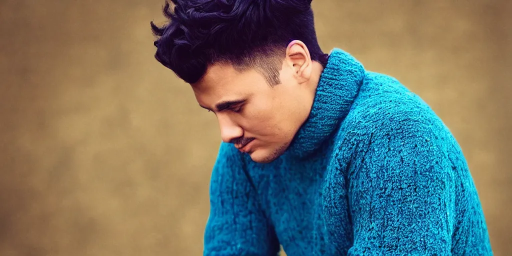 Image similar to Male, Male, Male, Male, Male, short hair, blue hair, dark skin, teal sweater, wavy hair, photograph, hd,