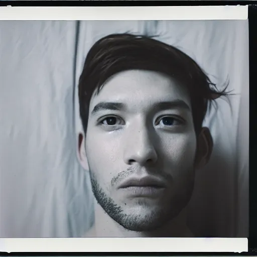 Image similar to soft polaroid photo of man that just woke up and lying in his bed, cinestill 800t, wide angle lens