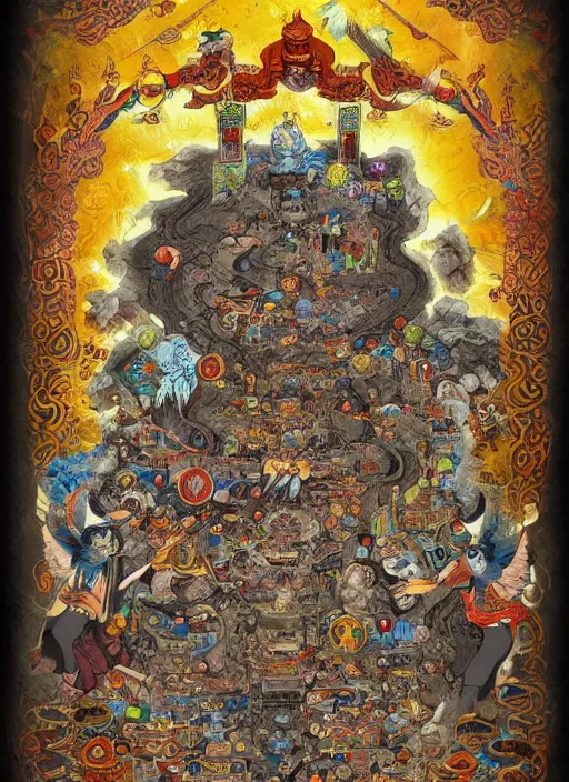 Prompt: Tibetan Book of the Dead as a Portal to Bardo, the world of lost souls, mystic illustration, extremly detailed, trending on artstation