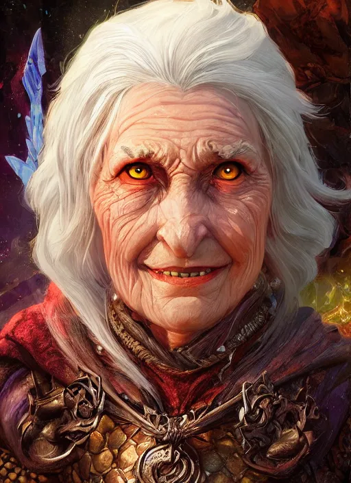 Image similar to old lady, ultra detailed fantasy, dndbeyond, bright, colourful, realistic, dnd character portrait, full body, pathfinder, pinterest, art by ralph horsley, dnd, rpg, lotr game design fanart by concept art, behance hd, artstation, deviantart, hdr render in unreal engine 5