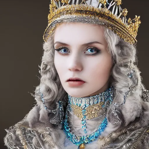 Image similar to beautiful ice queen with ornate cloak and crown, highly detailed, 4k, HDR, smooth, sharp focus, hyper realistic, high resolution, award-winning photo