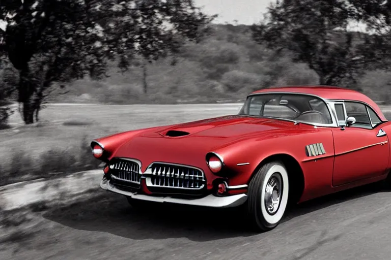 Prompt: 1955 Pontiac Firebird, movie still, speed, cinematic Eastman 5384 film