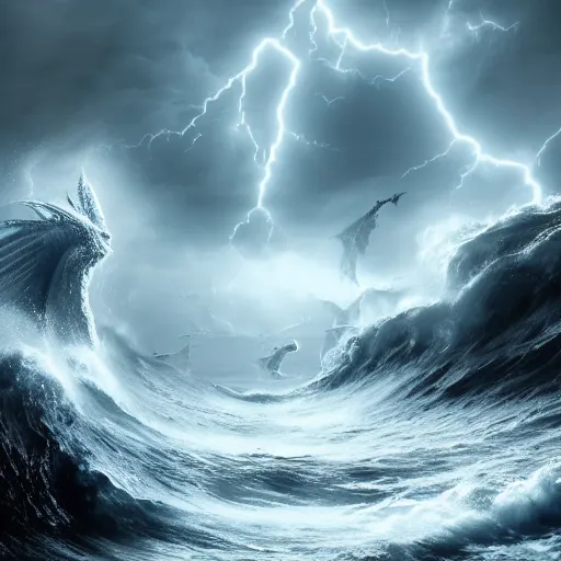 Image similar to a dragon with three heads emerging from the ocean during a storm, dramatic lighting, cinematic, high coherence, hyperrealistic, anatomically correct, path traced, highly detailed, high quality, 8 k hdr, octane render, unreal engine 5, trending on artstation, epic image, turbulent sea, concept art, digital art