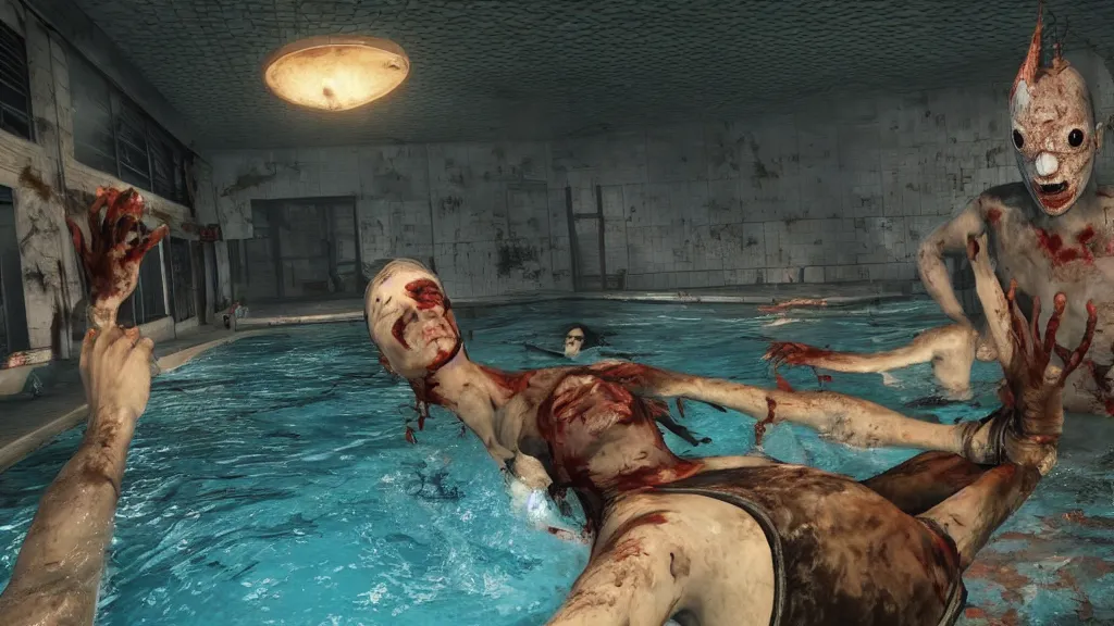 Image similar to Screenshot from Dead By Daylight at an indoor swimming pool