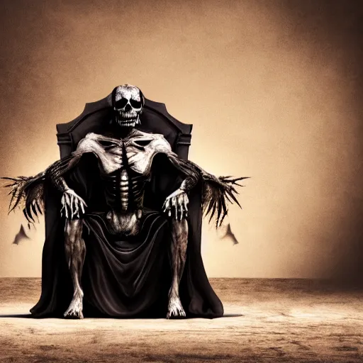 Image similar to the king of death, sitting on throne, shadows, hyperrealistic, dead bodies in the background, high resolution, 8 k, dramatic lighting, holding a skull, dramatic pose, dramatic