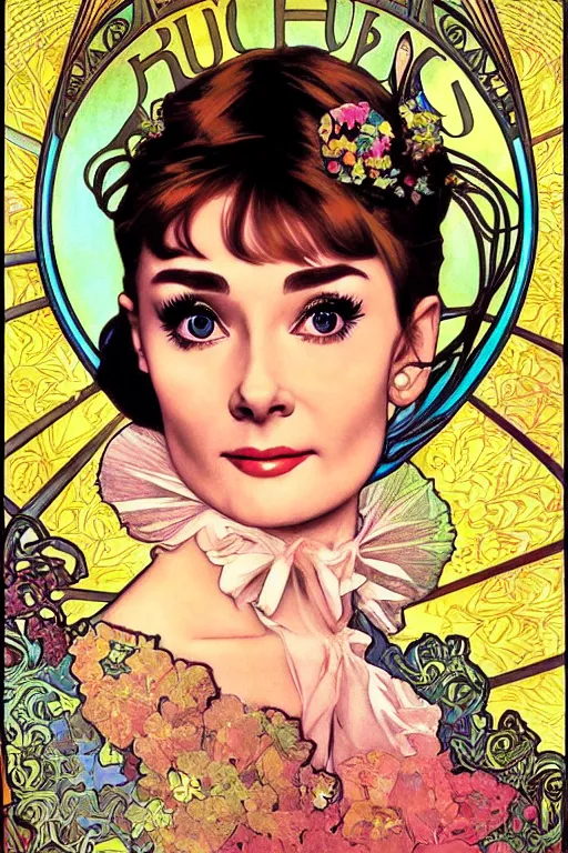 Prompt: realistic detailed closeup face portrait of Audrey Hepburn, by Alphonse Mucha, Lisa Frank, Art Nouveau, Neo-Gothic, gothic, rich vivid colors