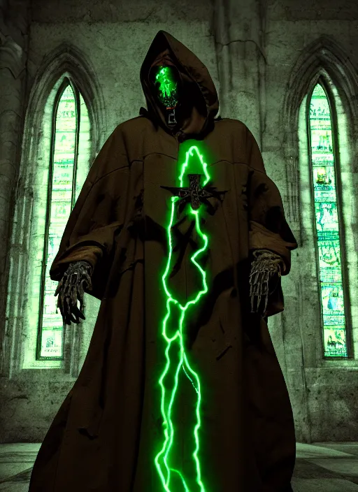 Prompt: character design, biomechanical arcanist inside church, tattered robe and hood, green lightning, fog, scary, arrogant, hostile, photorealistic, cinematic, hyper realistic, octane render, 8 k, full shot